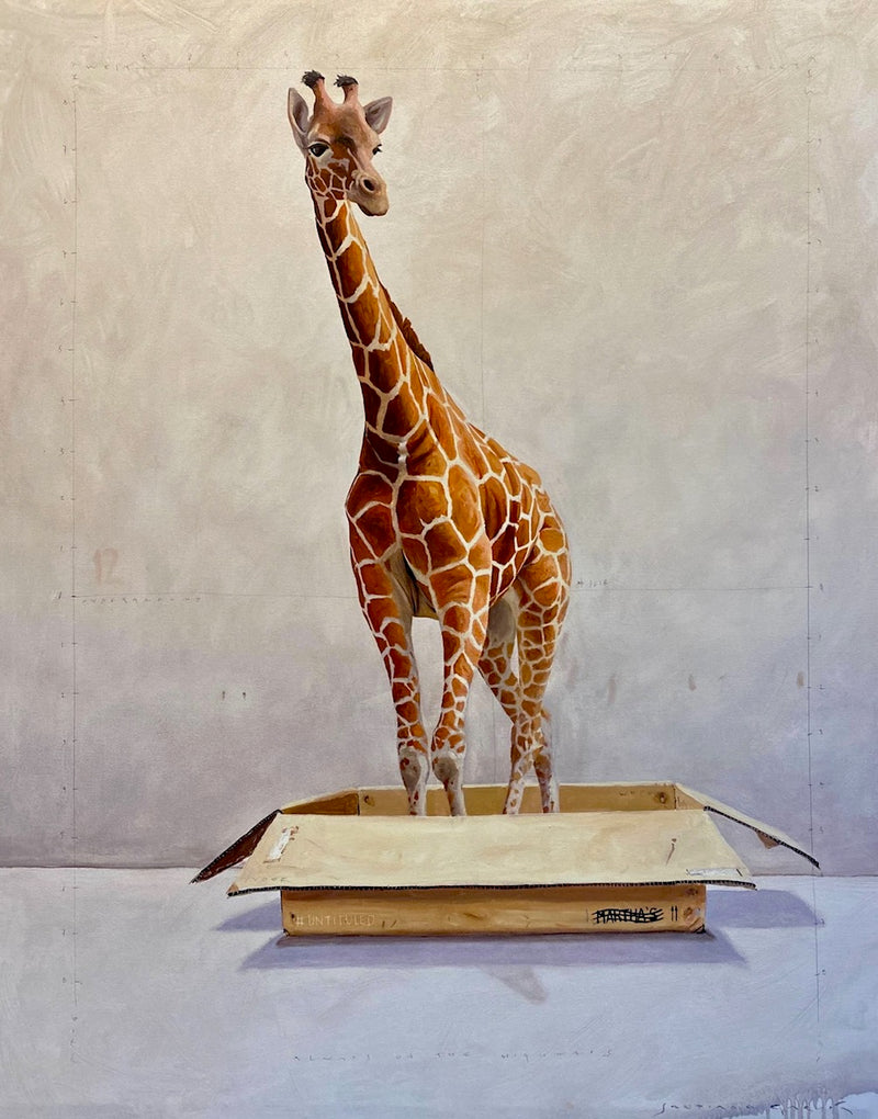 A giraffe standing in a box addressed to "Martha's"