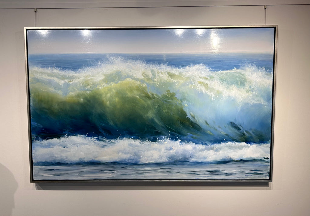 Realistic oil painting of green and blue ocean wave crashing on the shoreline.