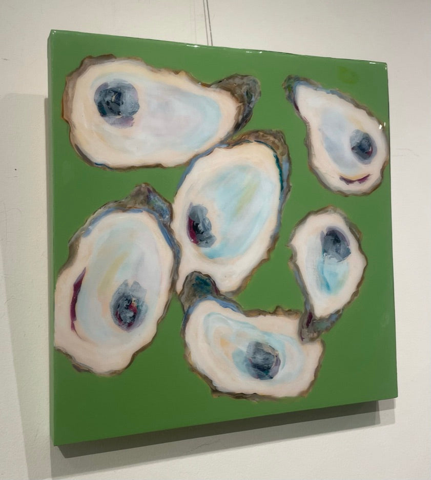 mixed media oysters on panel with a green background