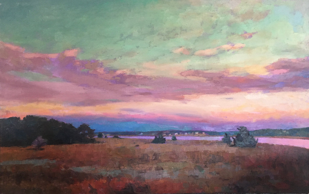 Oil painting of a teal sky fading into purple, orange and pink. Clouds line the sky above the water, with trees and grass in the foreground.