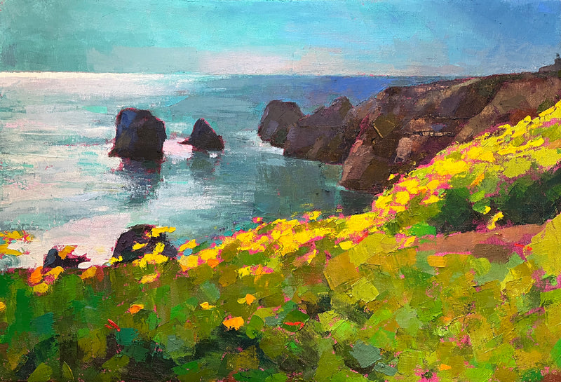 An oil painting of a walk along the sea. The sun reflects on the ocean with a white light that contrasts against the giant rocks that emerge from the water. Foreground is colored with yellow and pink flowers