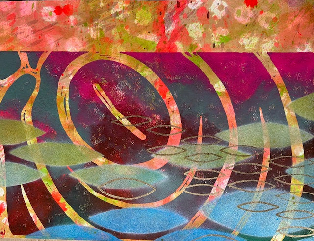 Mixed media abstract artwork with pink background, fish and lilly pads in foreground