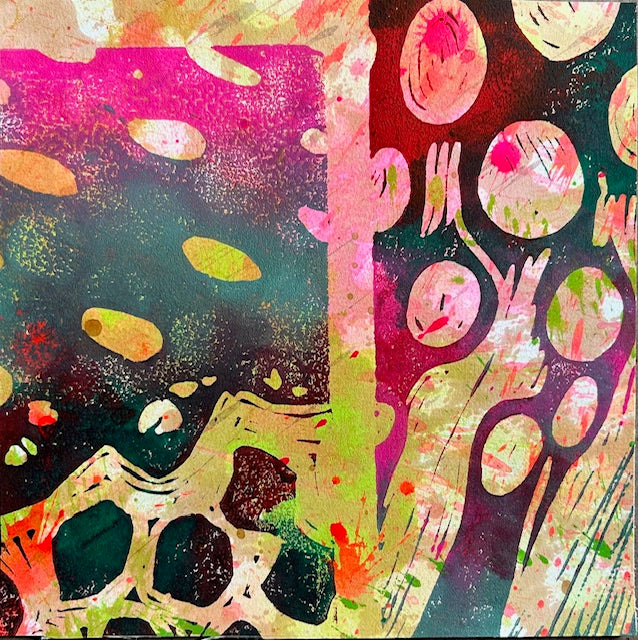 Abstract mixed media piece with bright colors and spots