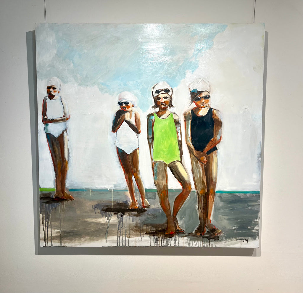 Oil painting of four girls in black, white, and green swimsuits