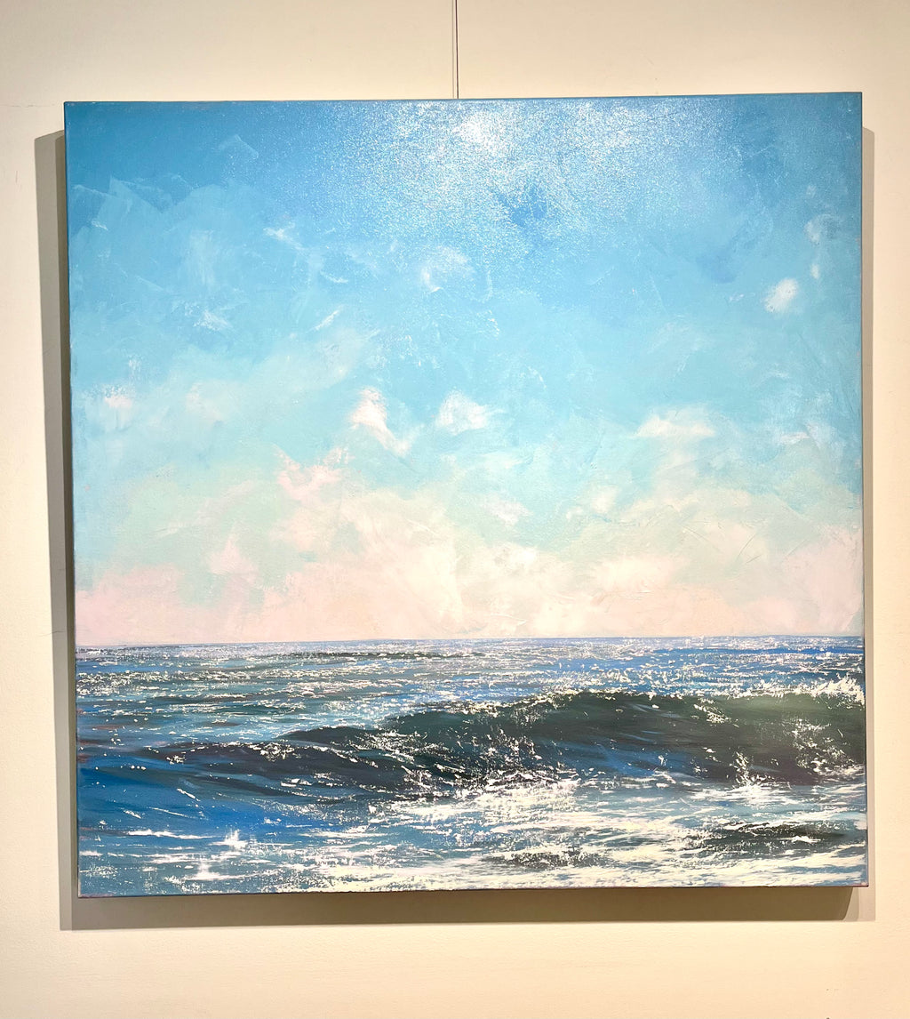 oil painting of waves in glistening ocean with light blue sky with clouds, seascape