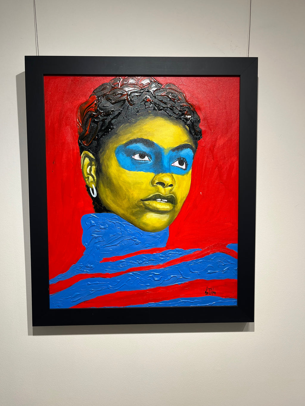 Acrylic paintin of a black woman with red and blue textured turtleneck and red background