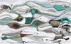 horizontal abstract oil painting with turquoise, grey and white shapes