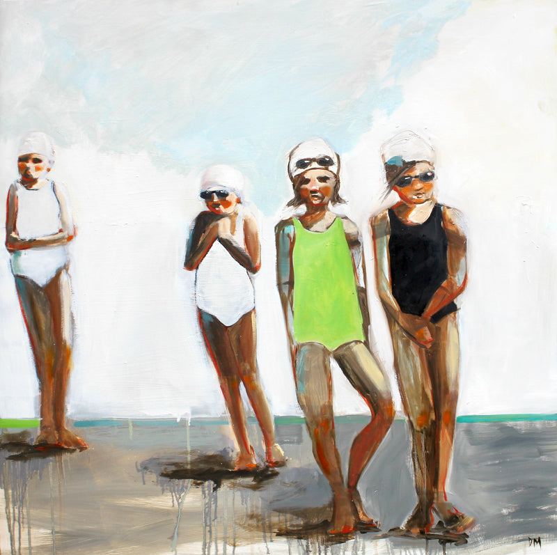 Oil painting of four girls in black, white, and green swimsuits