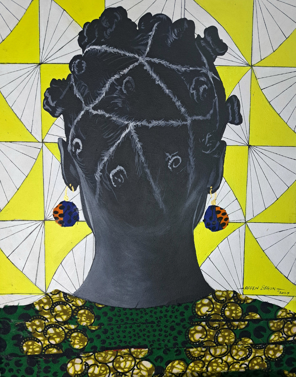 bantu knots on the back of a woman's head, wearing earrings and a bright green and yellow shirt