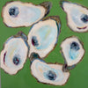 mixed media oysters on panel with a green background