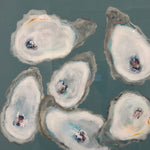 Closeup painting of oysters on teal background