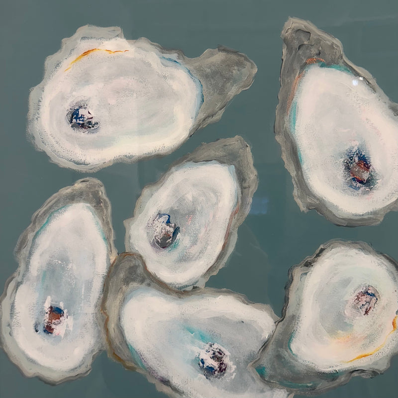 Closeup painting of oysters on teal background