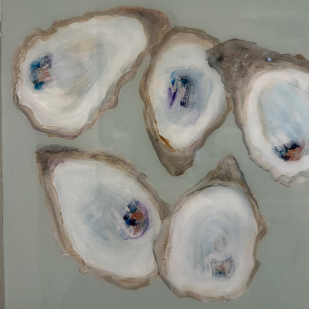 5 oysters painted onto a pale blue background