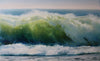 Realistic oil painting of green and blue ocean wave crashing on the shoreline.