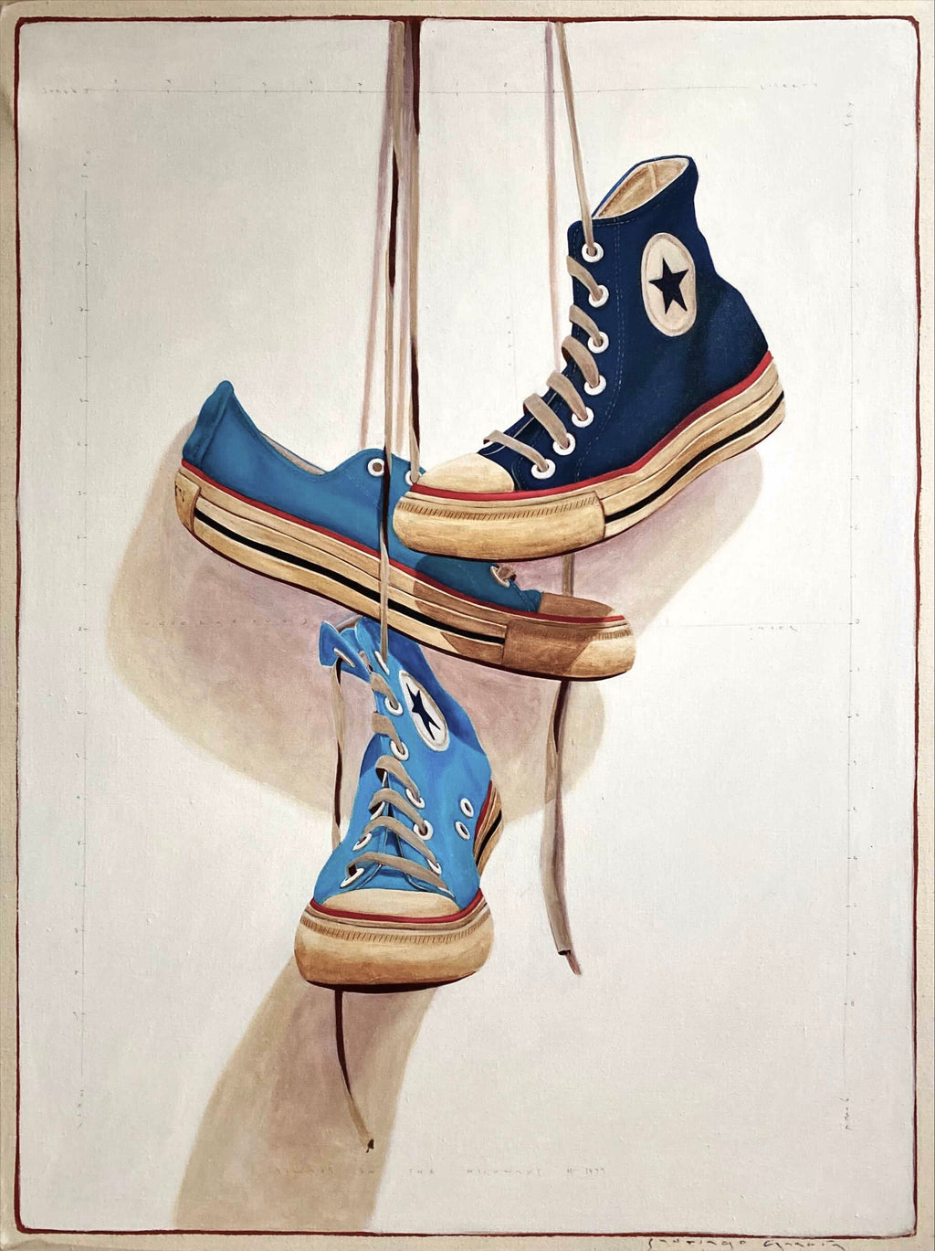 oil painting of converse sneakers in three shades of blue hanging by laces 